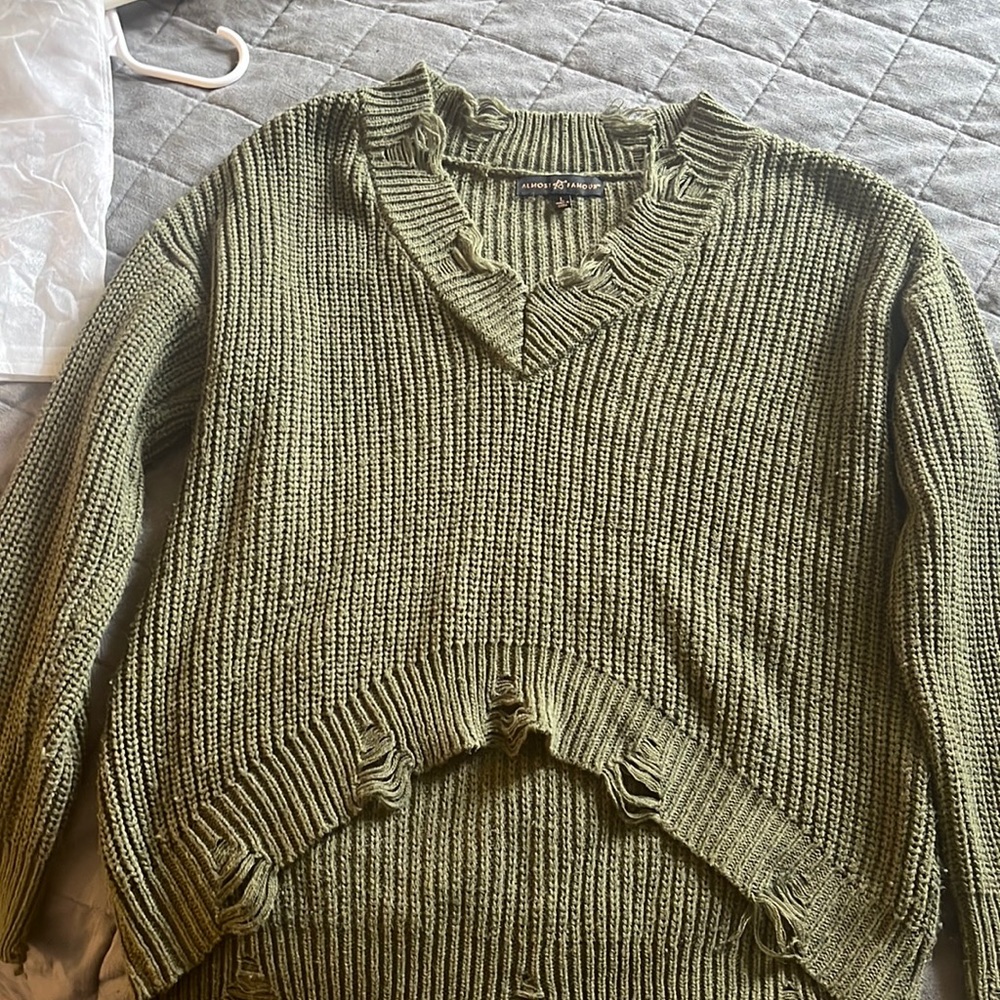 V neck dark olive green sweater